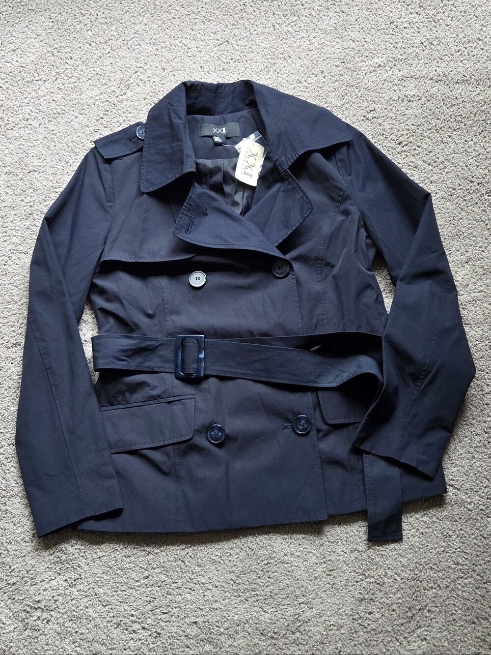 NWT Forever 21 Women's Navy Blue Double Breasted Short Trench Jacket Size M Belt